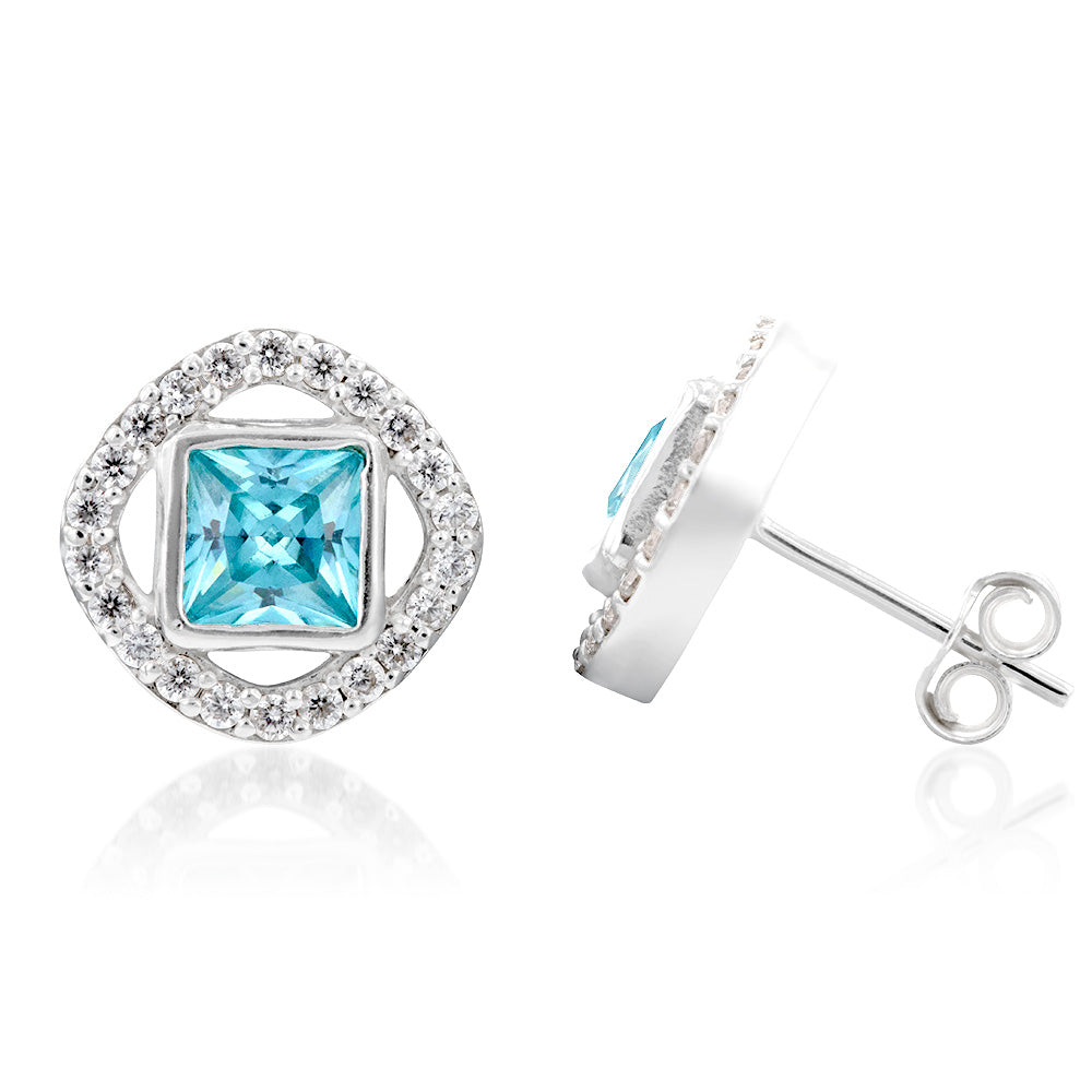 Sterling Silver Blue And White Cubic Zirconia Stud Earrings