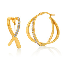 Load image into Gallery viewer, Sterling Silver Gold Plated Cubic Zirconia Abstract Hoop Earrings