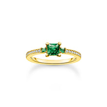 Load image into Gallery viewer, Thomas Sabo Sterling Silver Gold Plated Charm Club Princess Cut Green CZ Ring