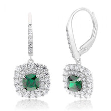 Load image into Gallery viewer, Sterling Silver Rhodium Plated Green And White Cubic Zirconia Cushion Drop Earrings