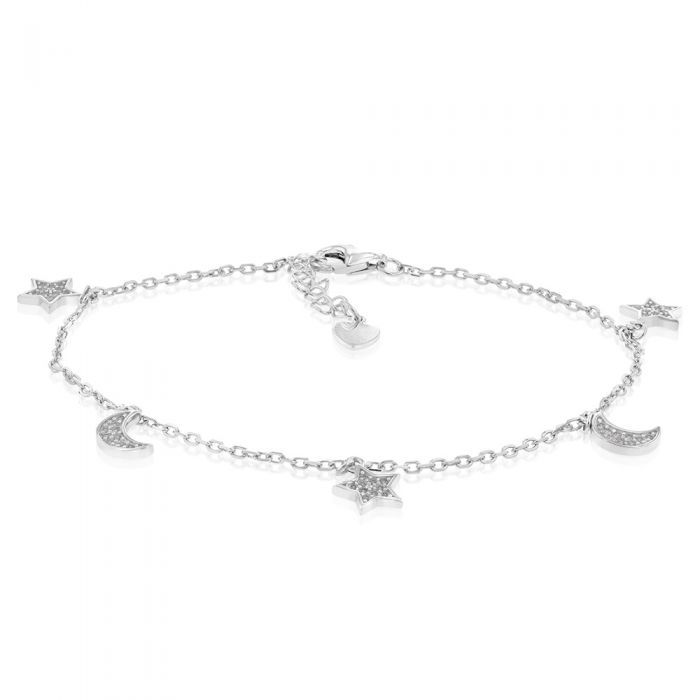 Sterling Silver Rhodium Plated Cubic Zirconia Moon And Star Charm 21.5cm Bracelets