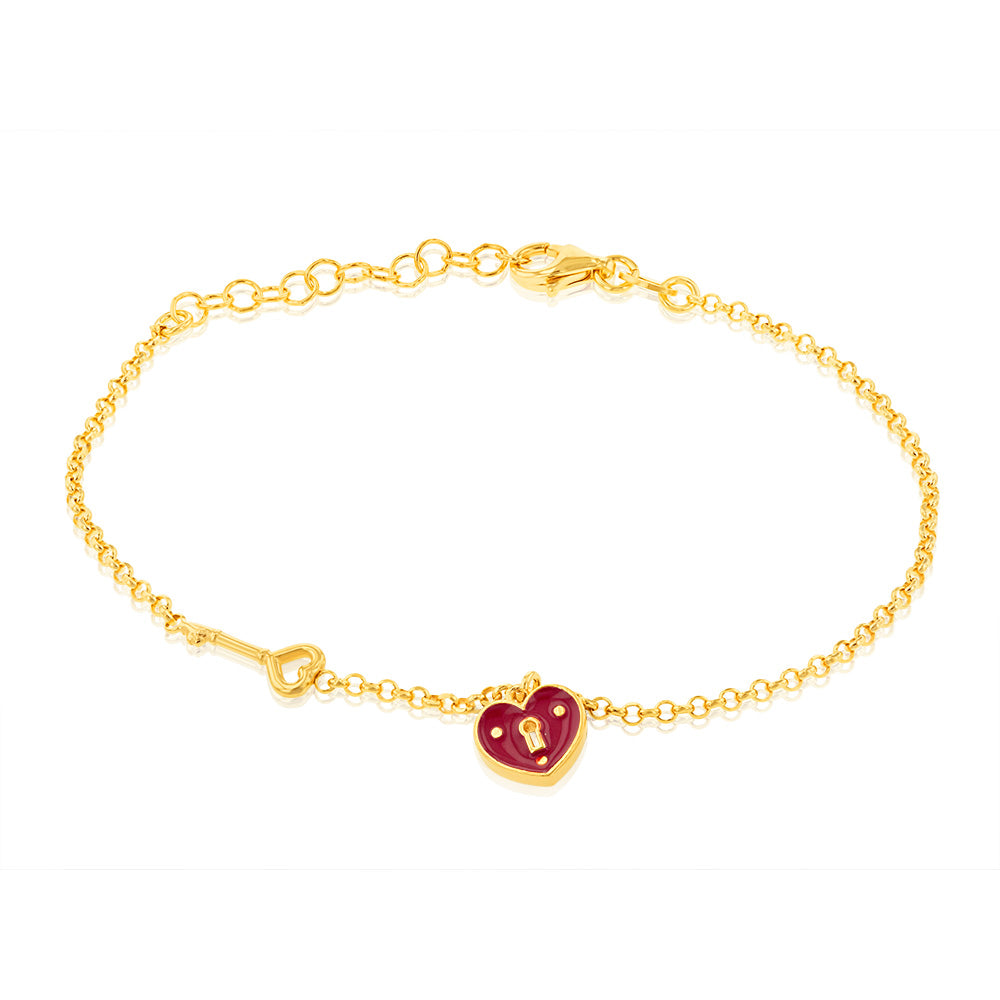 Sterling Silver Yellow Gold Plated Red Heart 20cm Bracelet