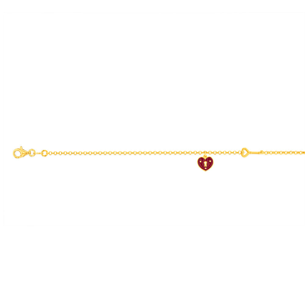 Sterling Silver Yellow Gold Plated Red Heart 20cm Bracelet