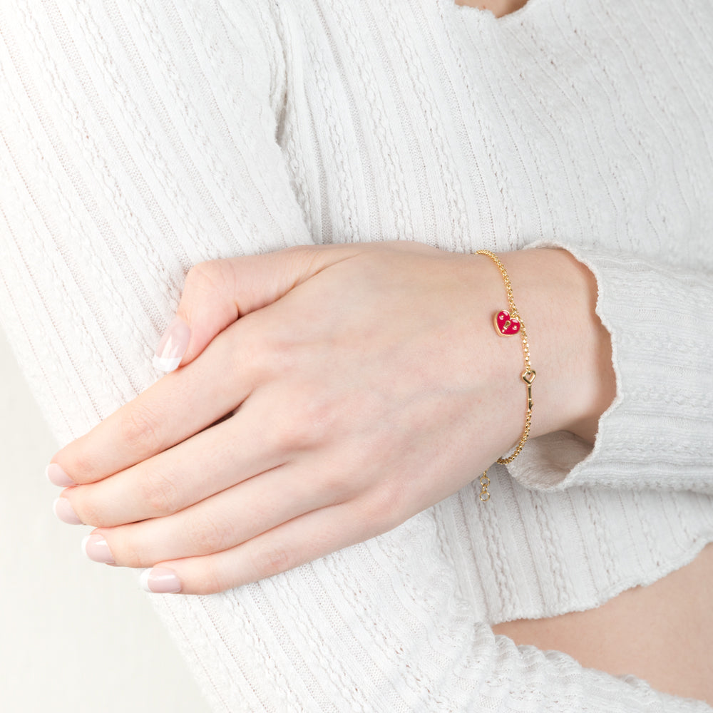 Sterling Silver Yellow Gold Plated Red Heart 20cm Bracelet