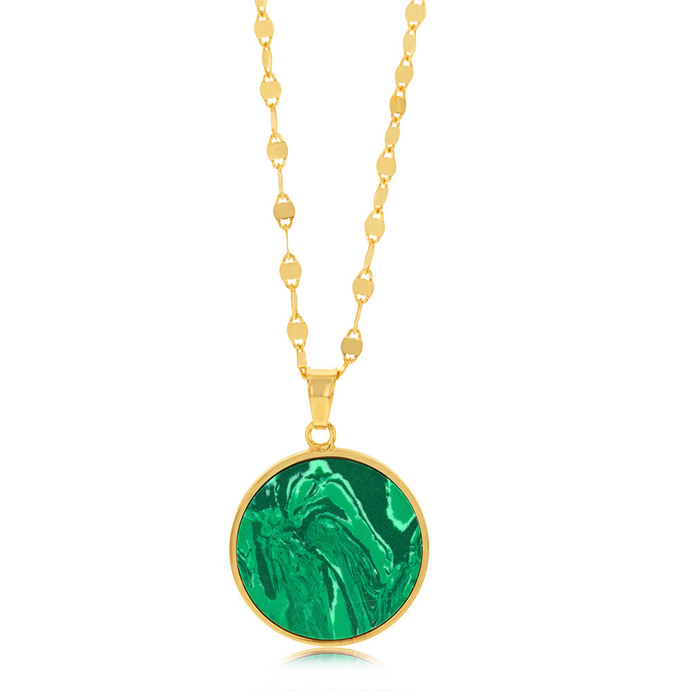 Sterling Silver Gold Plated Malachite Round Pendant On 45cm Chain