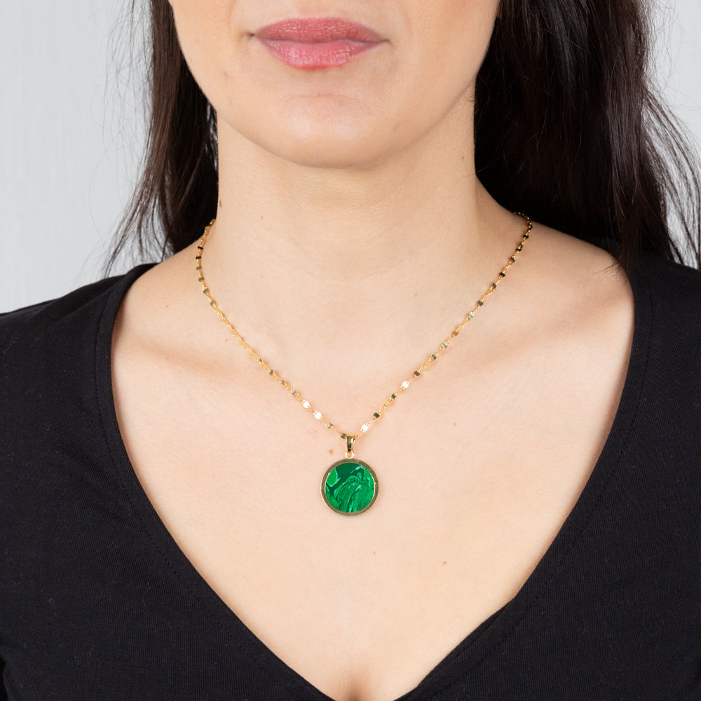 Sterling Silver Gold Plated Malachite Round Pendant On 45cm Chain