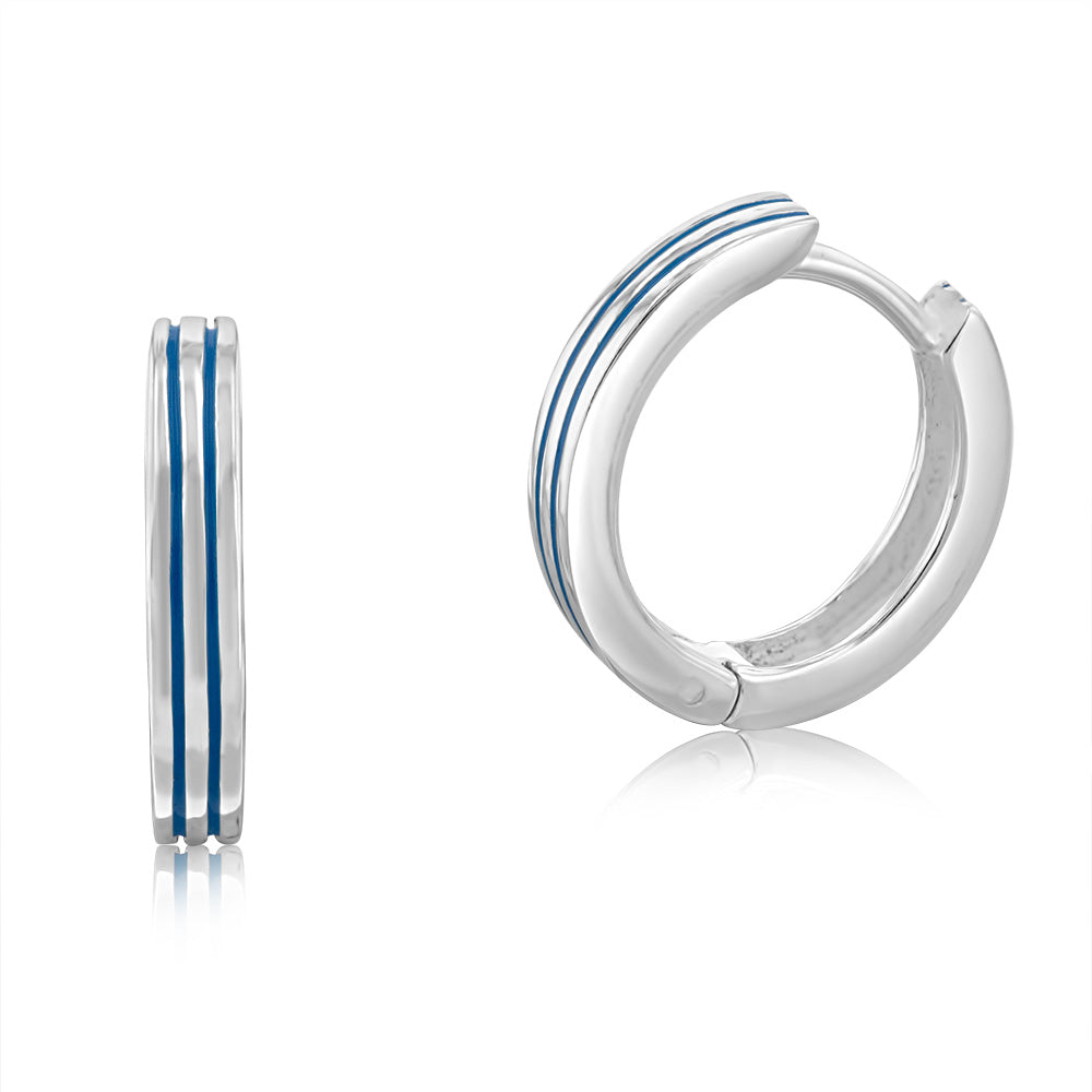 Sterling Silver Blue Striped 15mm Hinged Hoop Earrings