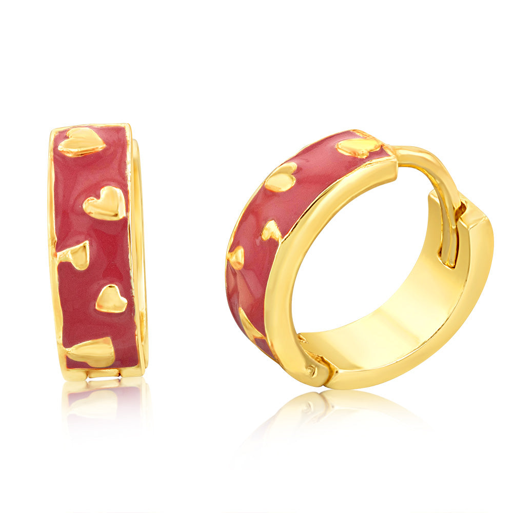 Gold Plated Sterling Silver Hearts Pink Enamel 13mm Hoop Earrings