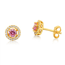 Load image into Gallery viewer, Sterling Silver Gold Plated Pink And White Cubic Zirconia Round Stud Earrings