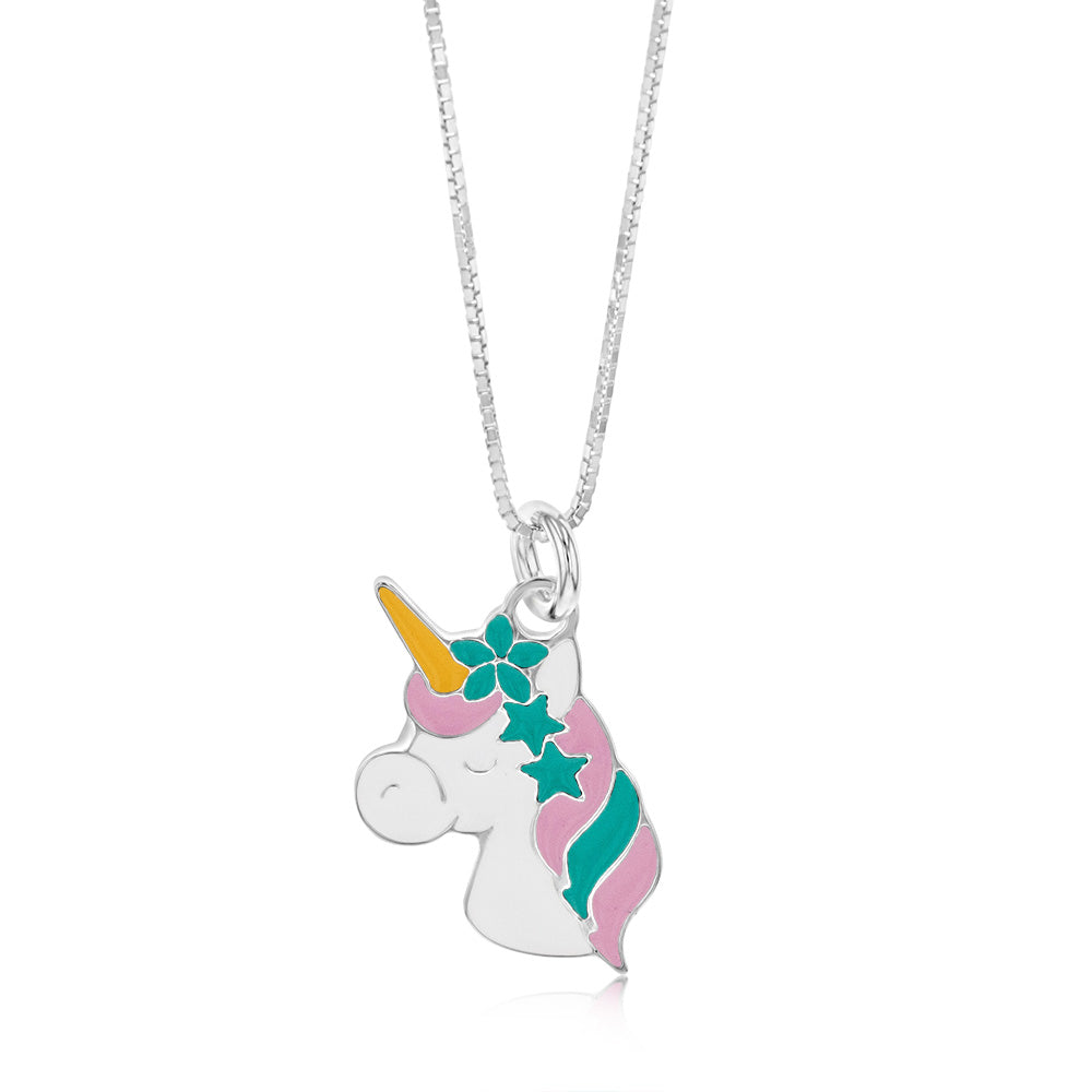 Sterling Silver Emanel Unicorn Pendant On 45cm Chain