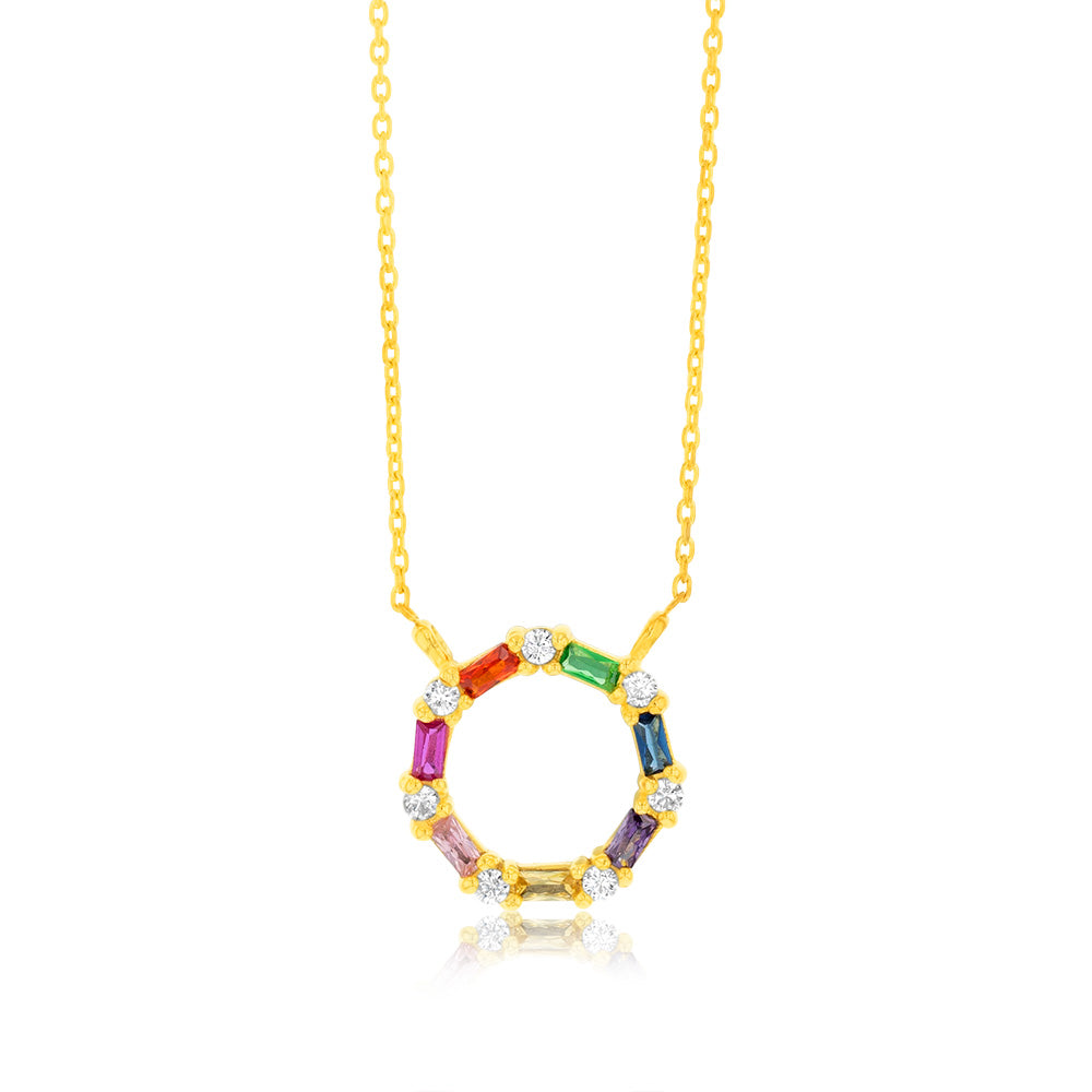 Gold Plated Sterling Silver Multicolor Cubic Zirconia Circle Pendant With 45cm Chain