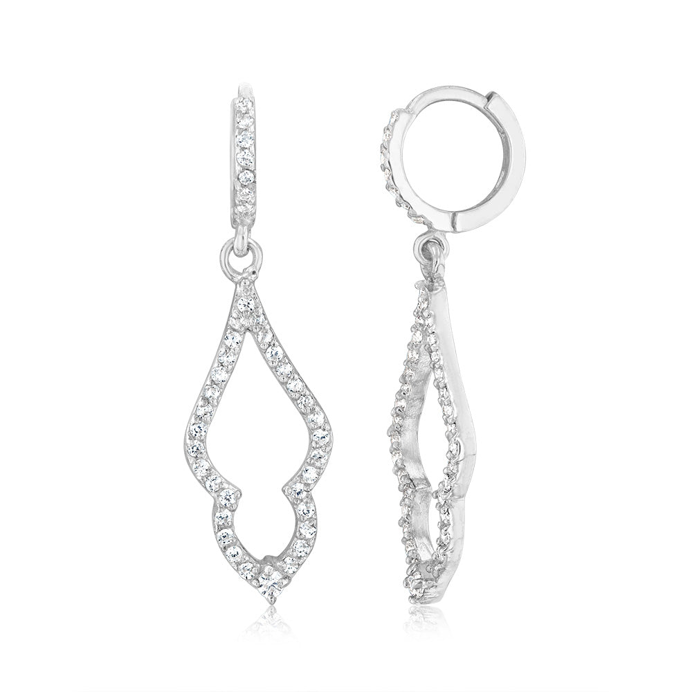 Sterling Silver Fancy Leaf Cubic Zirconia Hoop Drop Earrings