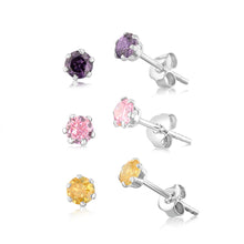 Load image into Gallery viewer, Sterling Silver Curbic Zirconia Studs Earrings Set of 3 - Pink Amethyst Yellow