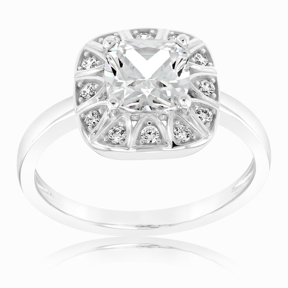 Sterling Silver Rhodium Plated Princess Cut Cushion Cubic Zirconia Ring