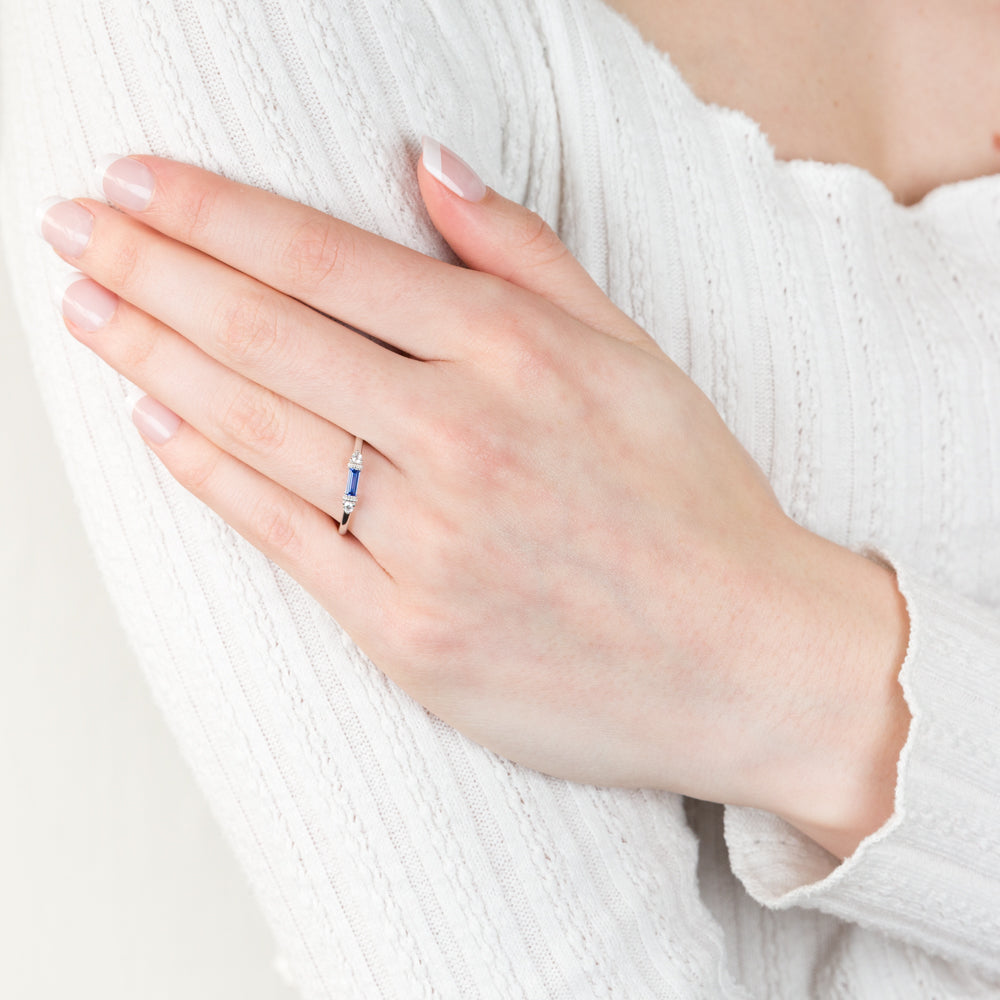 Sterling Silver Rhodium Plated Sapphire White Cubic Zirconia Ring