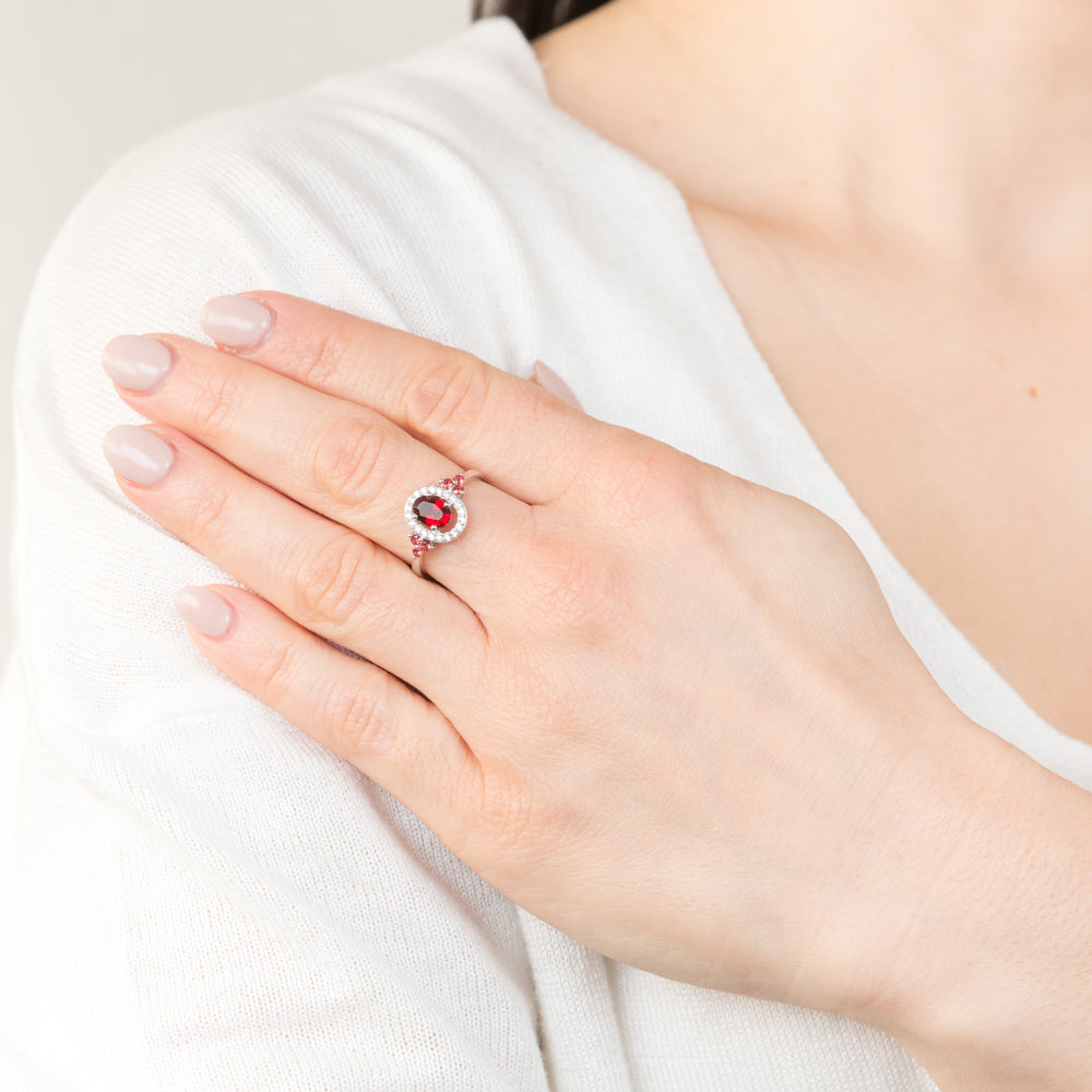 Sterling Silver Rhodium Plated Red Stone White Cubic Zirconia Ring