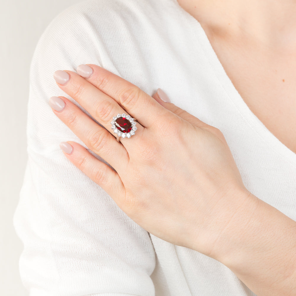 Sterling Silver Rhodium Plated Red Stone And White Cubic Zirconia Ring