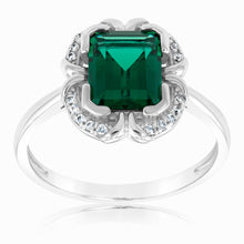 Load image into Gallery viewer, Sterling Silver Rhodium Plated Emerald And Cubic Zirconia Ring