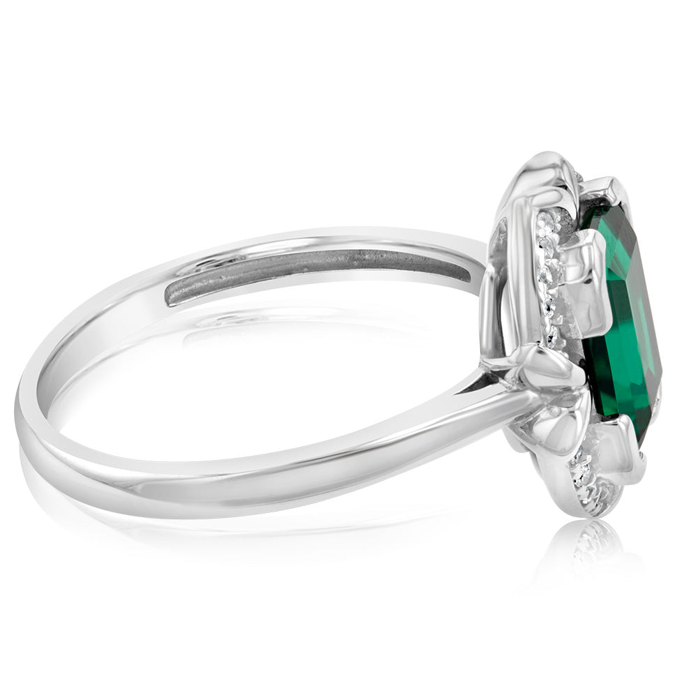 Sterling Silver Rhodium Plated Emerald And Cubic Zirconia Ring