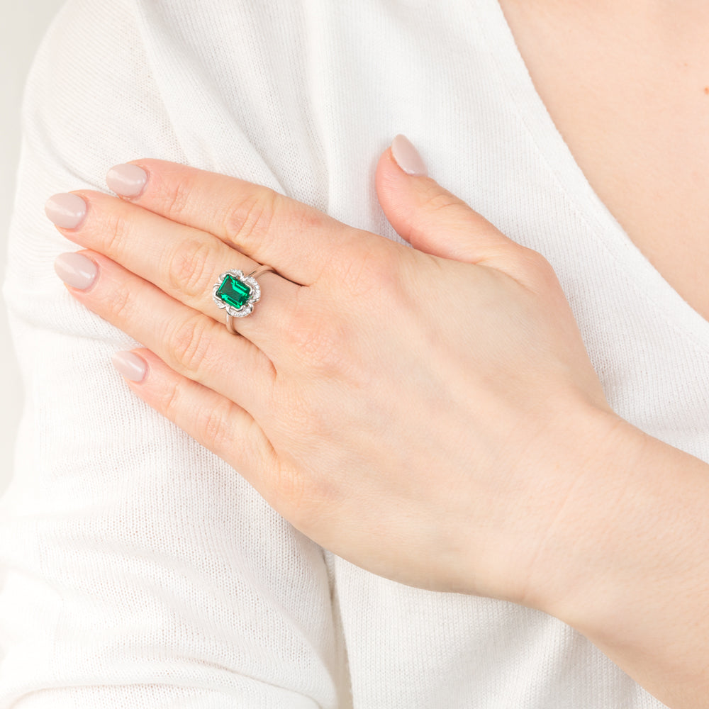 Sterling Silver Rhodium Plated Emerald And Cubic Zirconia Ring