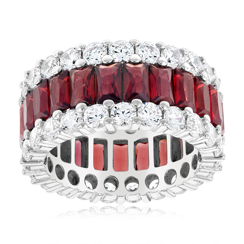 Sterling Silver Rhodium Plated Red Stone And White Cubic Zirconia Ring