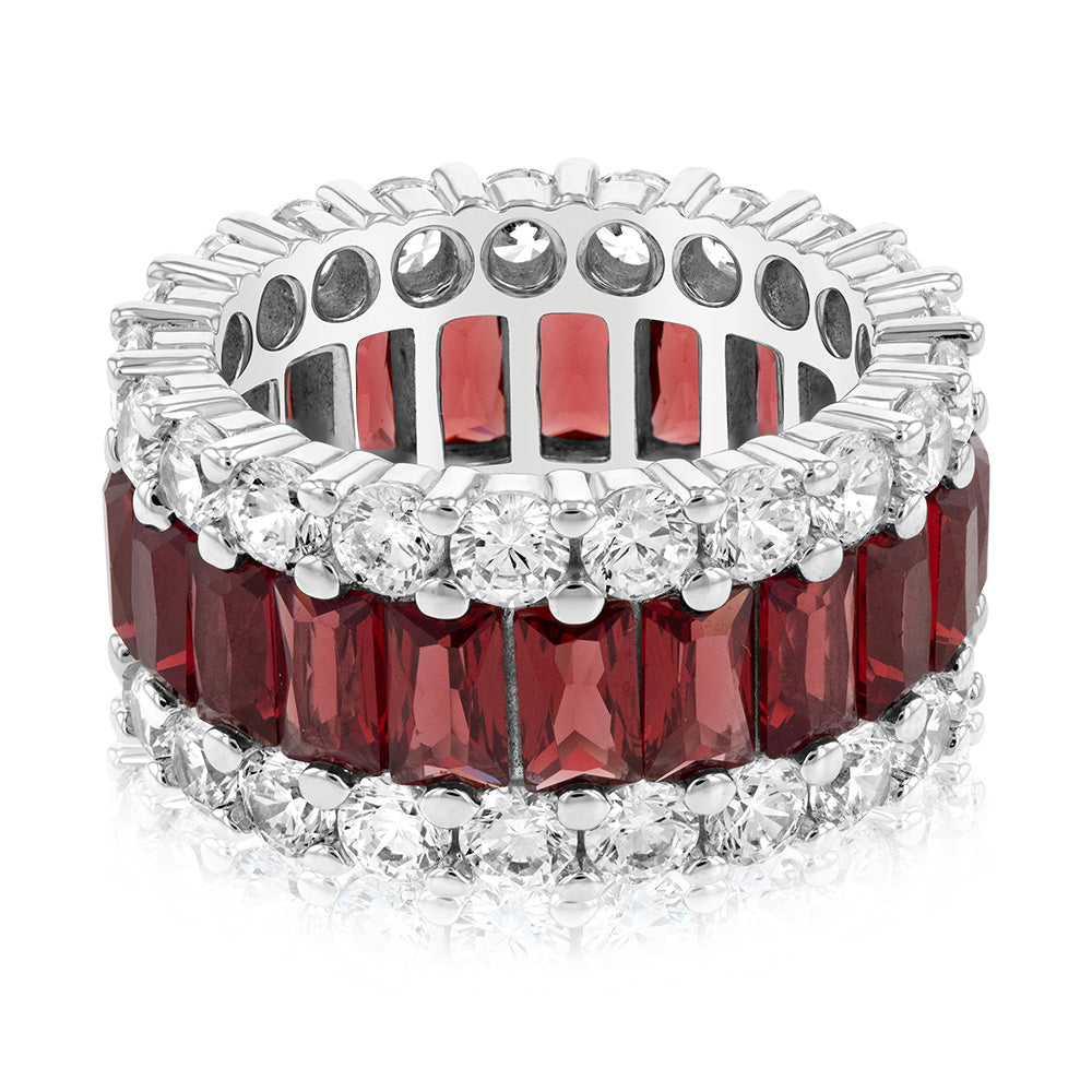 Sterling Silver Rhodium Plated Red Stone And White Cubic Zirconia Ring