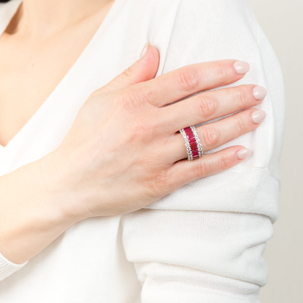 Sterling Silver Rhodium Plated Red Stone And White Cubic Zirconia Ring