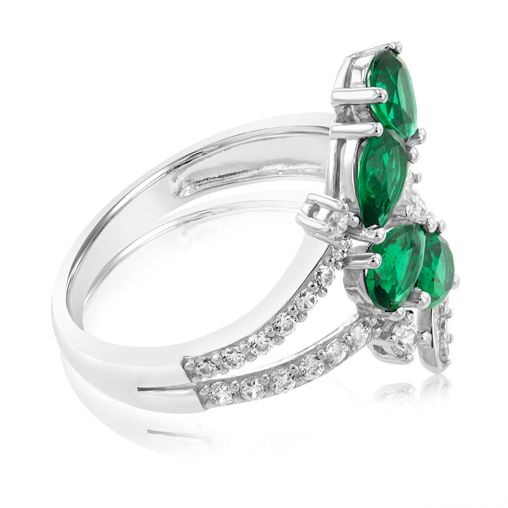 Sterling Silver Rhodium Plated Created Emerald And White Cubic Zirconia Ring