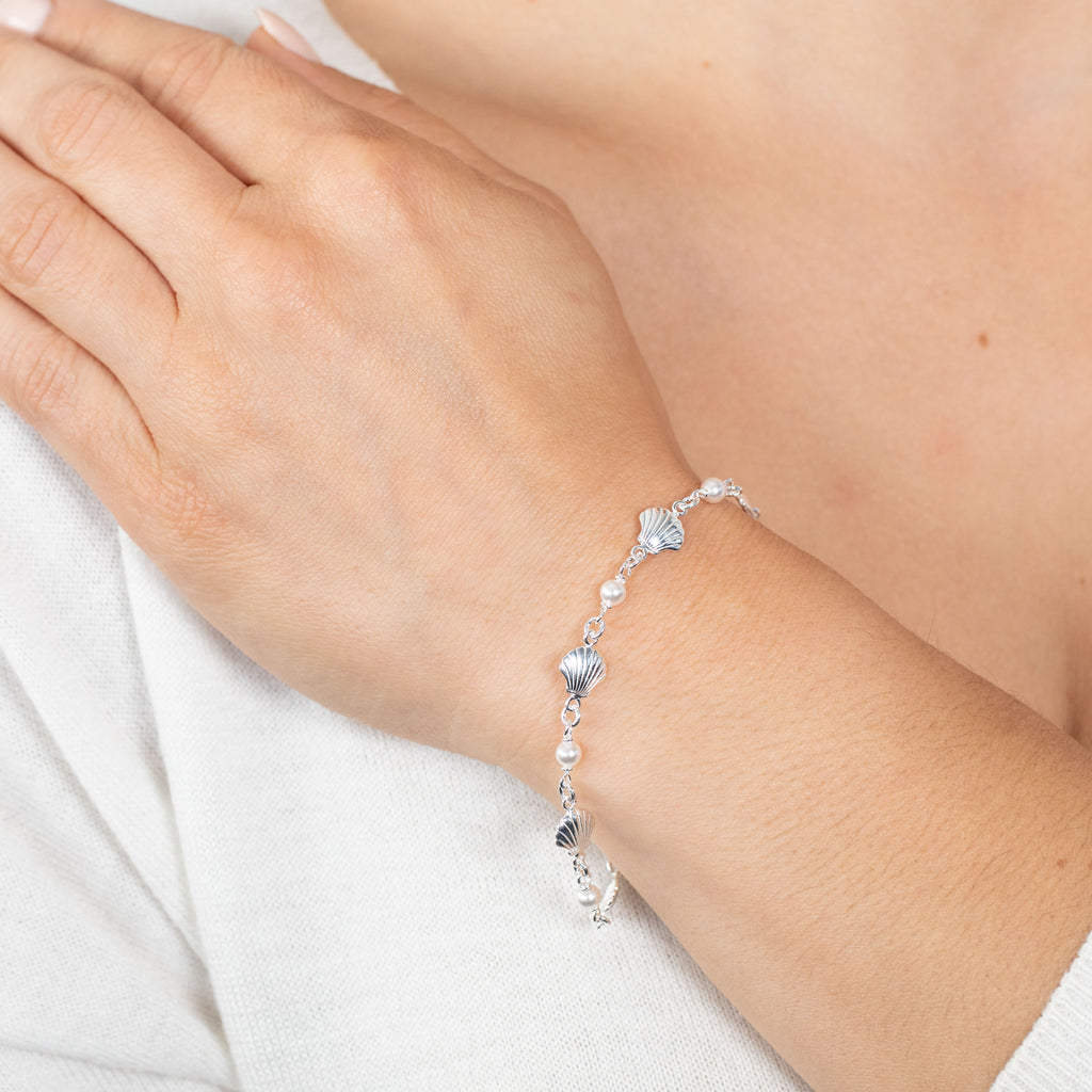 Sterling Silver Shells And Synthetic Pearls 16+3cm Bracelet