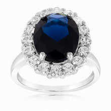 Load image into Gallery viewer, Sterling Silver Oval Blue And White Zirconia Halo Ring