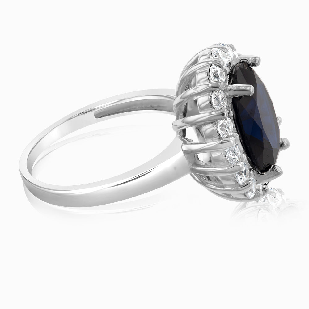 Sterling Silver Oval Blue And White Zirconia Halo Ring