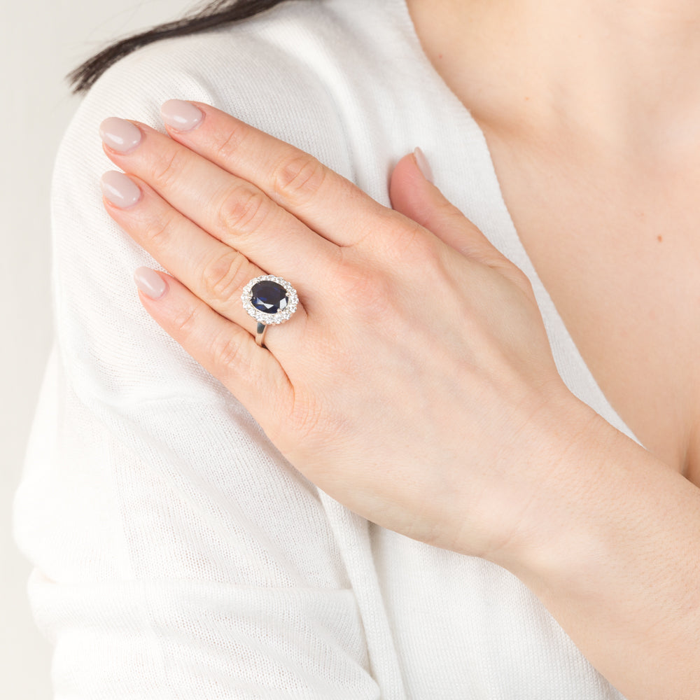 Sterling Silver Oval Blue And White Zirconia Halo Ring