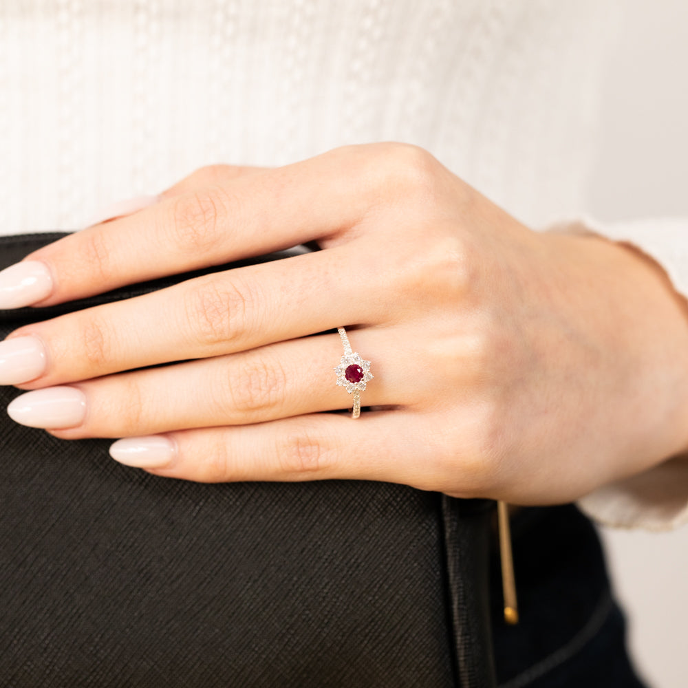 Sterling Silver White And Red Zirconia Flower Ring