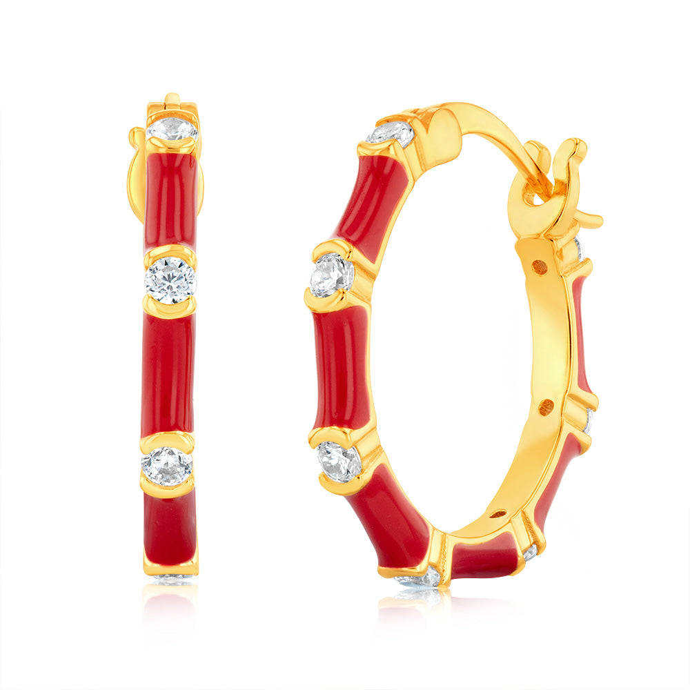 Sterling Silver Gold Plated Red Enamel And Zirconia Hoop Earrings