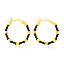 Load image into Gallery viewer, Sterling Silver Gold Plated Black Enamel And Zirconia 20mm Hoop Earrings