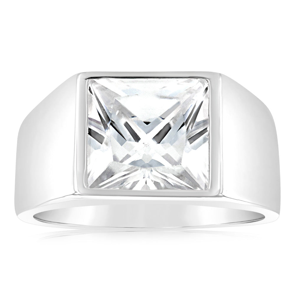 Sterling Silver Square White Zirconia Gents Ring