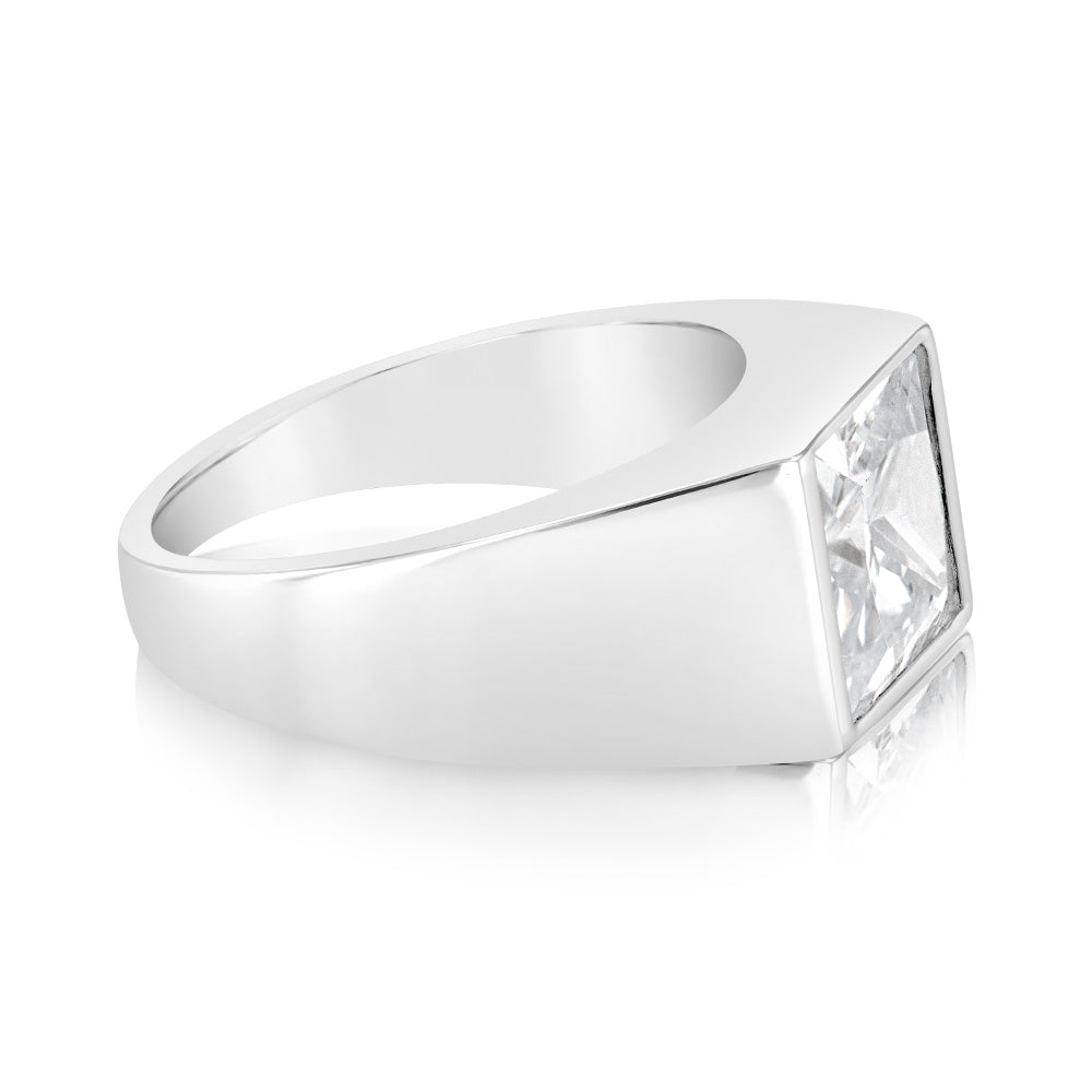 Sterling Silver Square White Zirconia Gents Ring