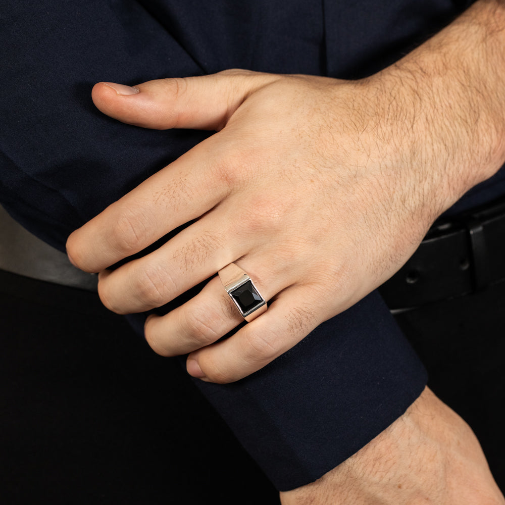 Sterling Silver Square Black Zirconia Gents Ring