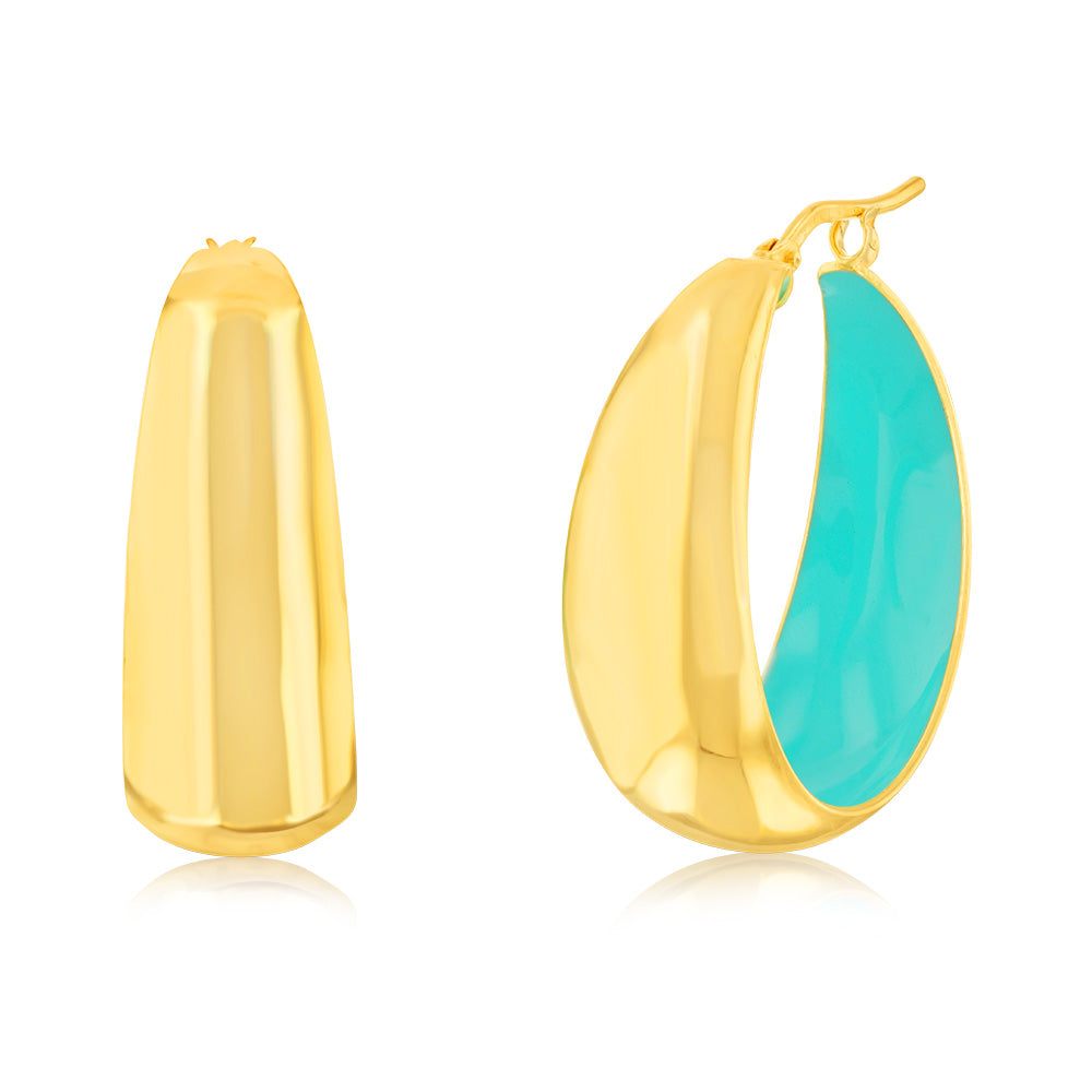 Sterling Silver Gold Plated Aqua Enamel Inside 22mm Hoop Earrings