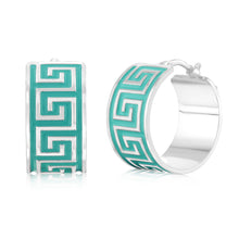 Load image into Gallery viewer, Sterling Silver Aqua Enamel Greek Key Wide 18mm Hoop Earrings