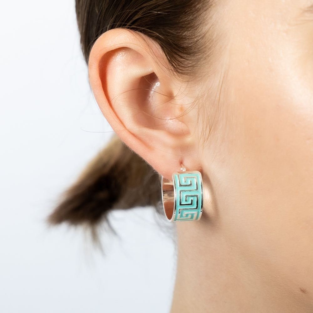 Sterling Silver Aqua Enamel Greek Key Wide 18mm Hoop Earrings