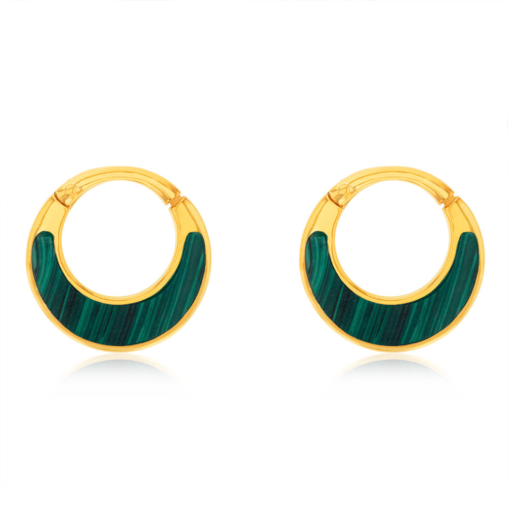 9ct Sterling Silver Gold Plated Fancy Natural Malachite Hoop Earrings