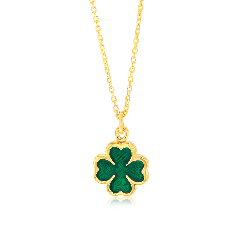 Sterling Silver Gold Plated Four Leaf Green Enamel Flower Pendant On Chain