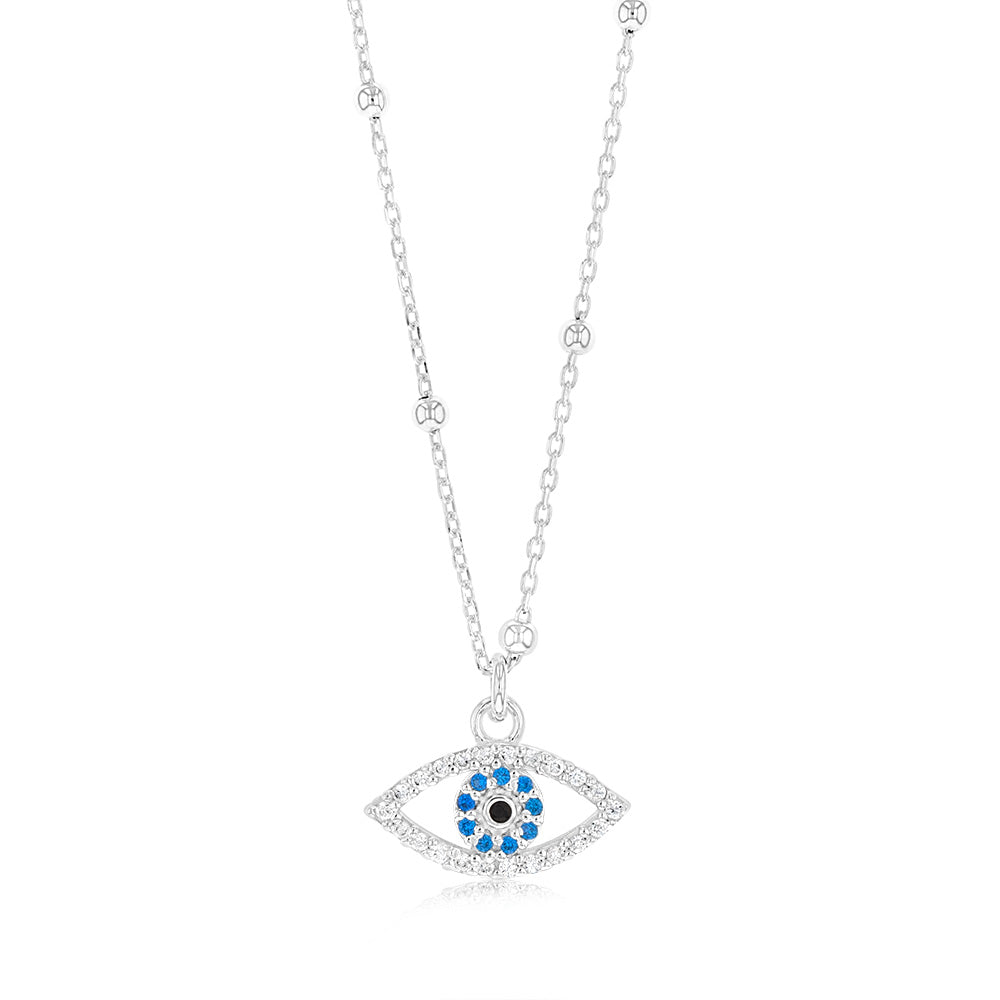 Sterling Silver Zirconia Evil Eye Pendant On 42+3cm Chain