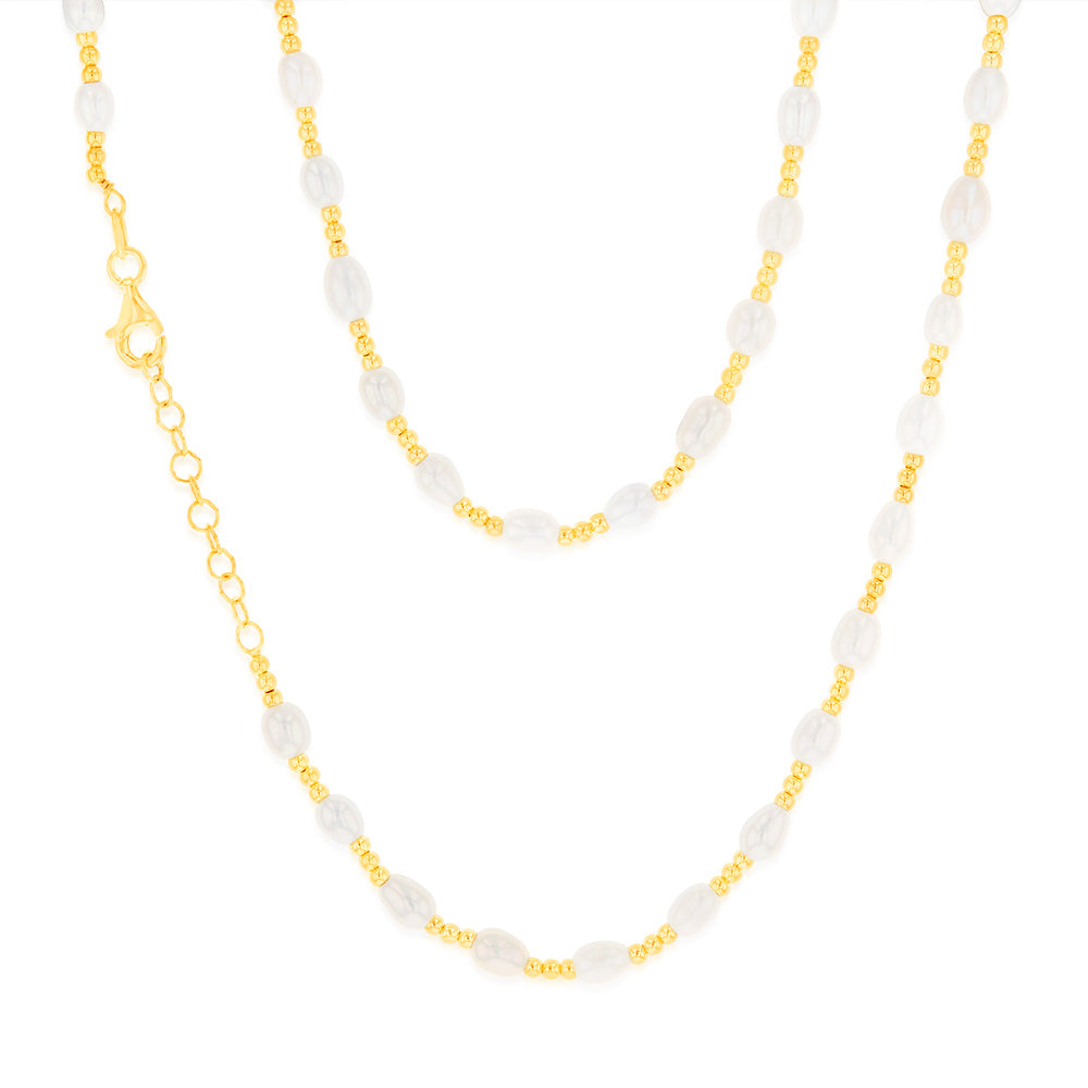 Sterling Silver Gold Plated Fresh Water Pearl And Gold Beads 40+3cm Chain