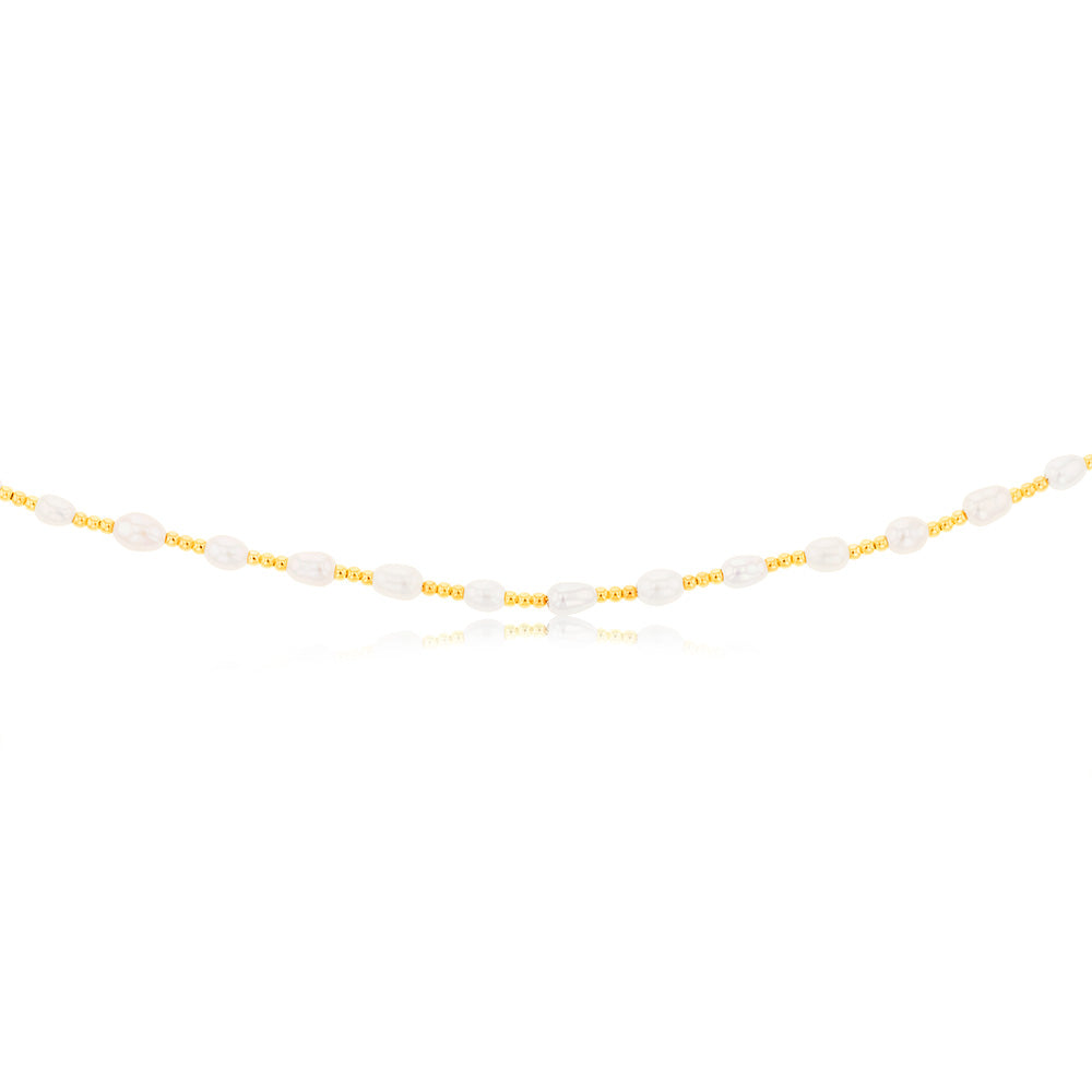 Sterling Silver Gold Plated Fresh Water Pearl And Gold Beads 40+3cm Chain