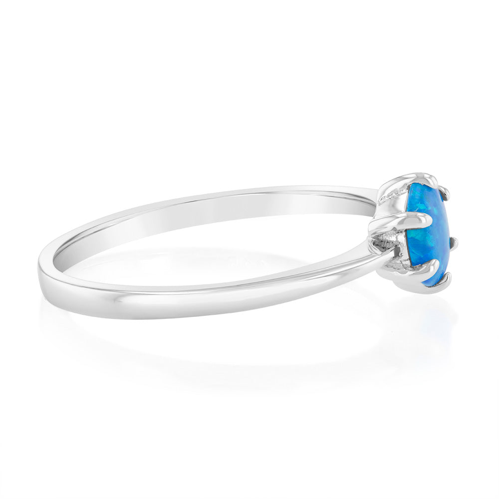 Sterling Silver Round Created Opal 6 Claw Ring