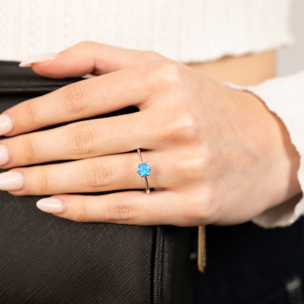 Sterling Silver Round Created Opal 6 Claw Ring