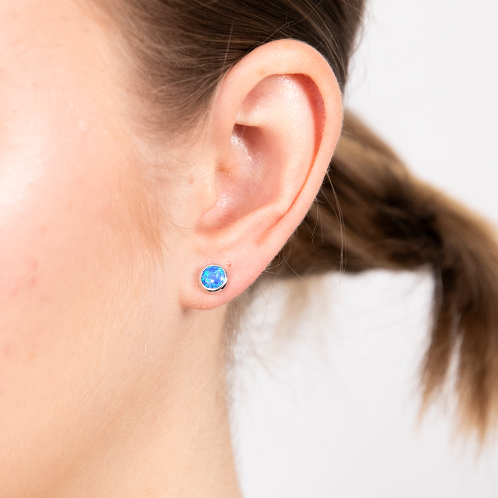 Sterling Silver Round Created Blue Opal Stud Earrings