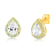 Load image into Gallery viewer, Sterling Silver Gold Plated Pear Shaped Green And White Zirconia Stud Earrings